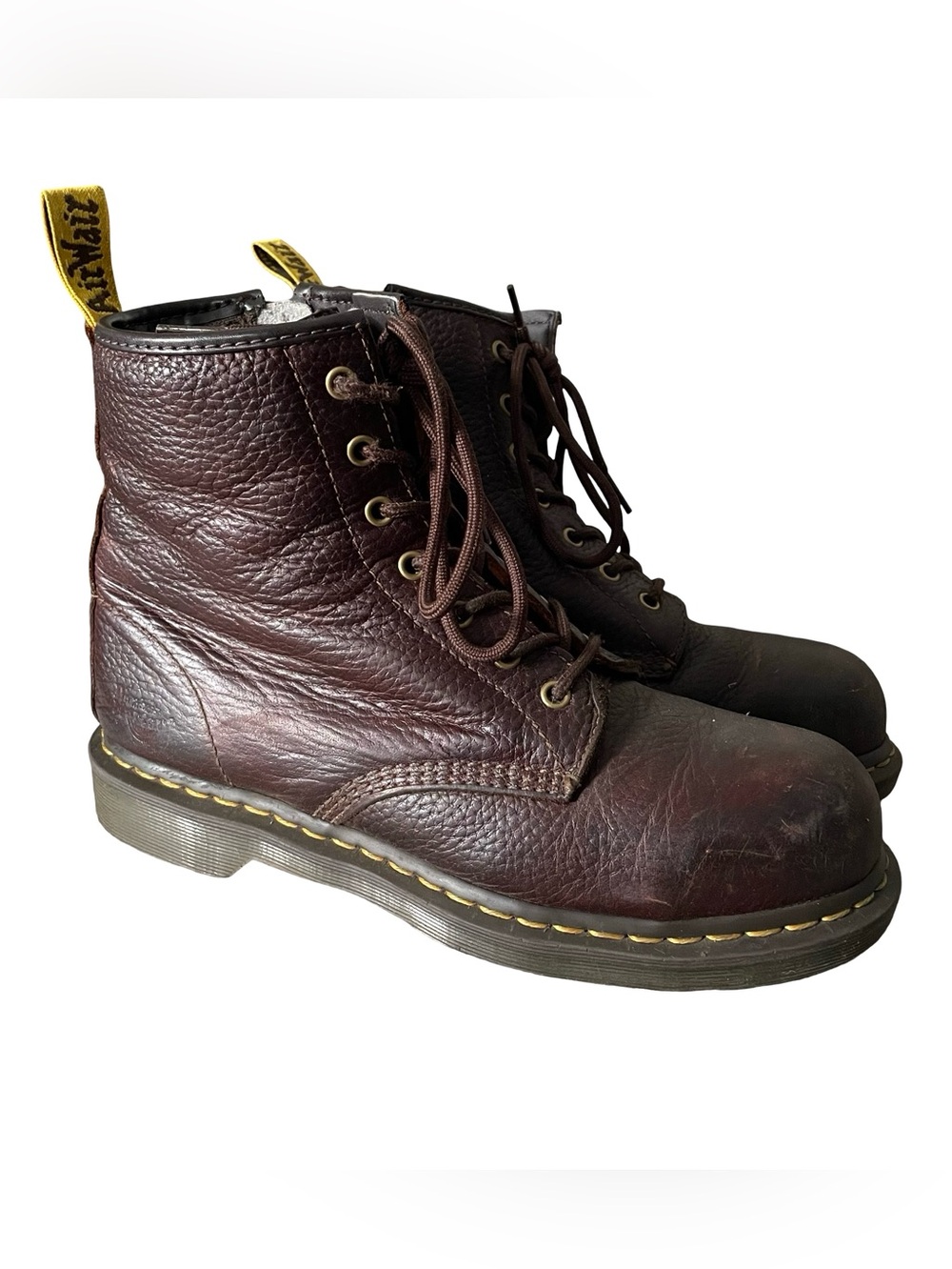 Dr. Martens Dark Brown Leather Lace-Up Work Boots with Yellow Heel Loop Size 10